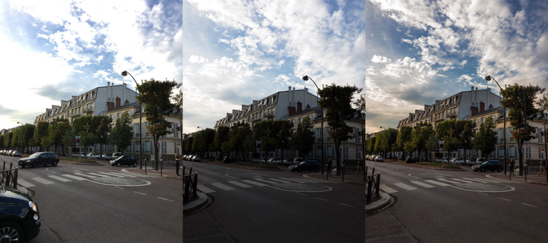 JPEG de la cĂĄmara de iOS / RAW sin editar / RAW editado para recuperar detalles del cielo y la calle